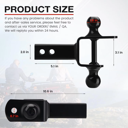Close-up side-by-side comparison of the 2-inch and 1-7/8-inch hitch balls on the Vypart dual ball mount