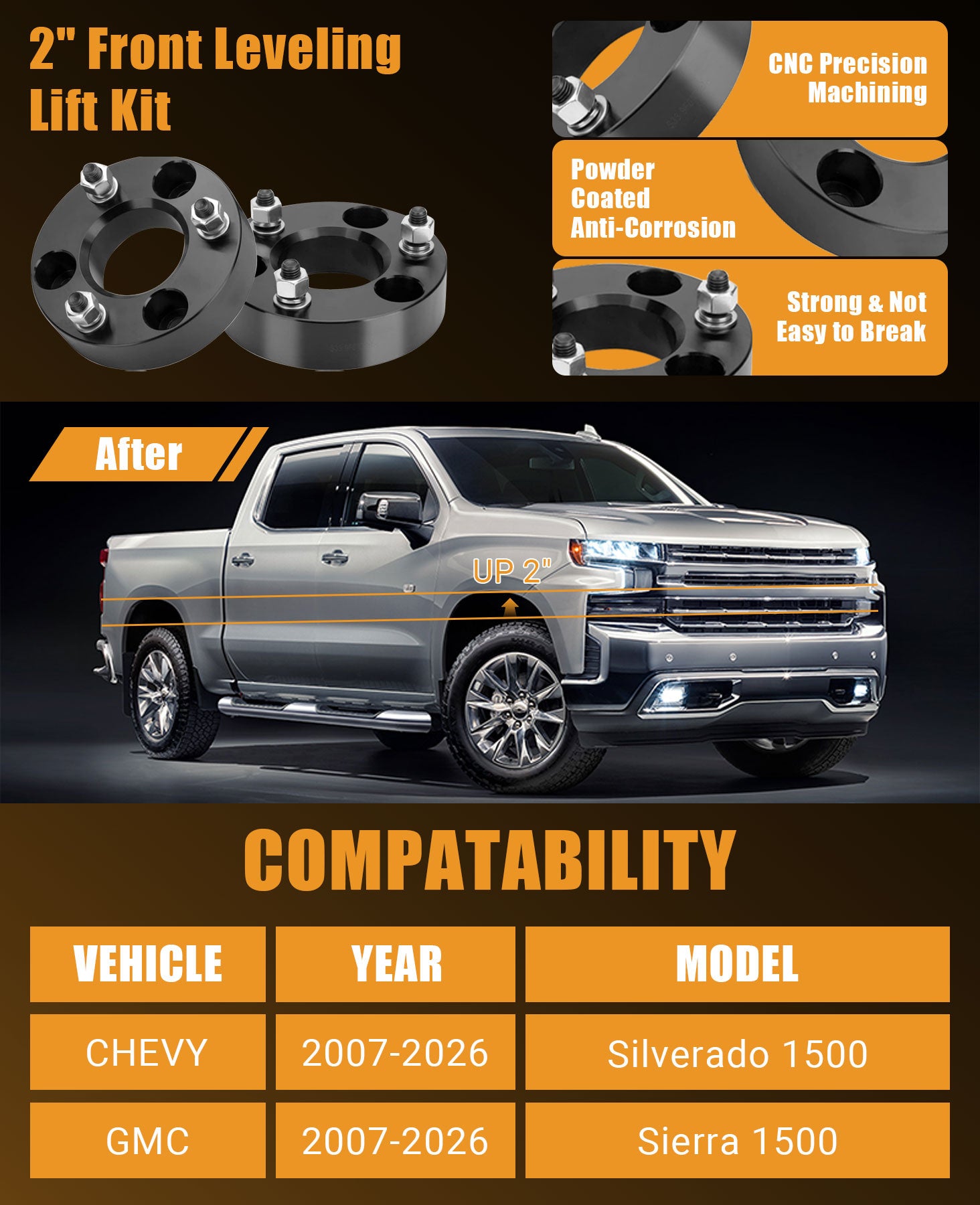 Vypart This 2-inch front leveling kit corrects the pickup’s factory front-low stance to level the vehicle body. It boosts ground clearance and creates room for larger off-road tires for enhanced off-road capability and a tougher appearance.