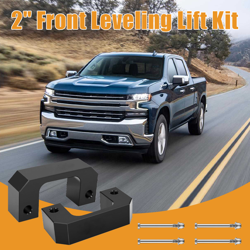 Vypart 2 Inch Block Front Leveling Lift Kit Suspension Spacers for Silverado 1500 promotional banner, off-road truck driving on muddy rugged terrain with upgraded suspension lift spacers