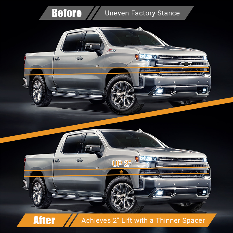 Before and after stance comparison for Silverado 1500 fitted with Vypart 2 Inch Block Front Leveling Lift Kit Suspension Spacers, fixes factory uneven vehicle height and levels front and rear stance
