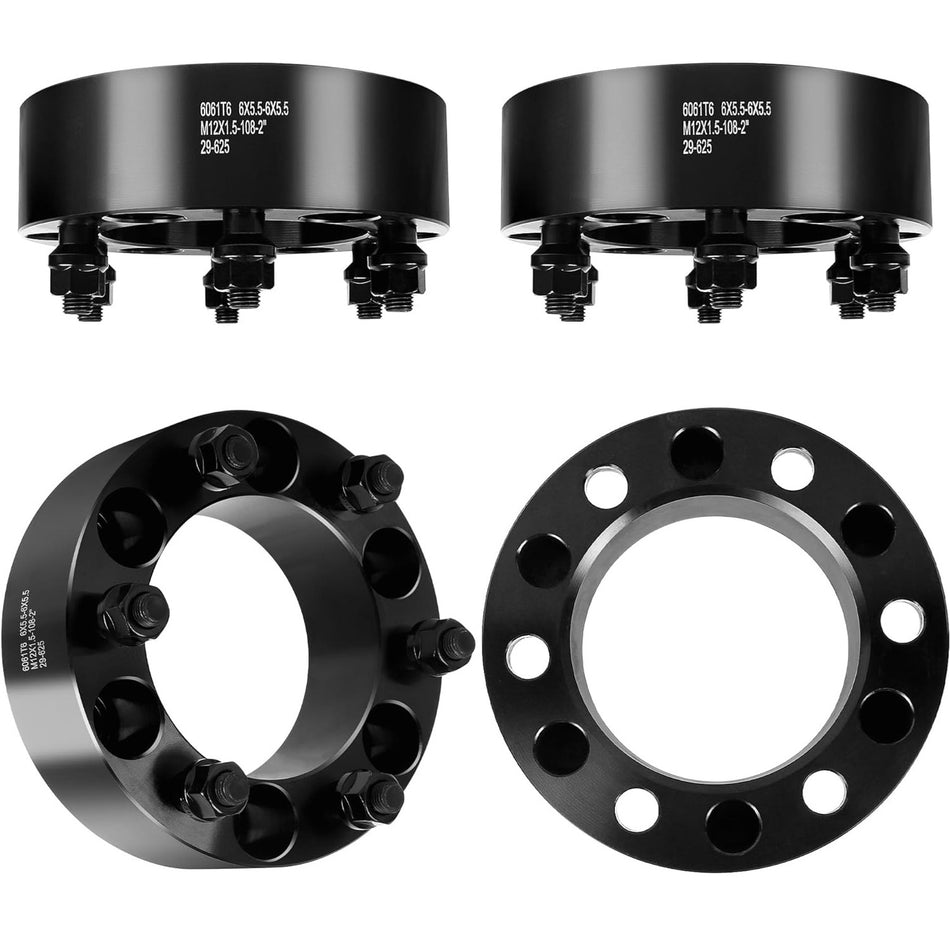Vypart 2 inch thick forged aluminum wheel spacers with 6x5.5 (6x139.7mm) bolt pattern, 108mm hub bore, includes 12x1.5 thread lug nuts, set of 4
