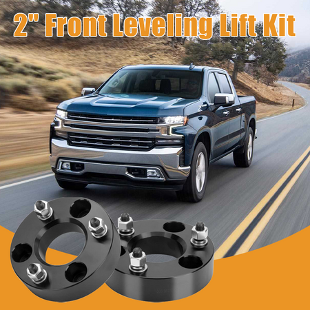 Vypart 2 Inch Front Leveling Lift Kit Suspension Spacers for Silverado 1500 promotional banner, off-road truck driving on muddy rugged terrain with upgraded suspension lift spacers