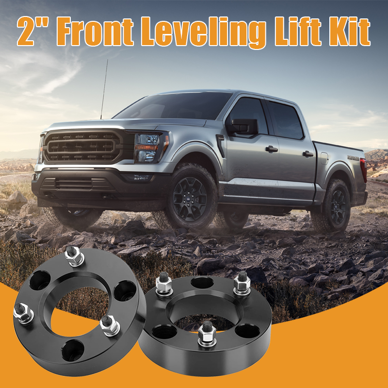 Vypart 2 Inch Front Leveling Lift Kit for FORD F150 Suspension Spacers promotional banner, off-road SUV driving on muddy rugged terrain with Vypart suspension lift spacers