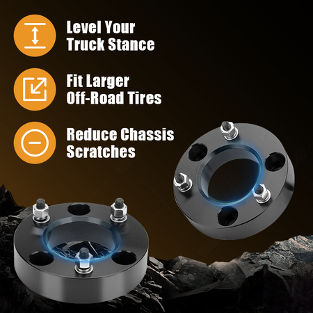Functional benefits of Vypart 2 Inch Front Leveling Lift Kit Suspension Spacers for FORD F150, levels truck stance, increases ground clearance, fits larger off-road tires and avoids chassis scraping
