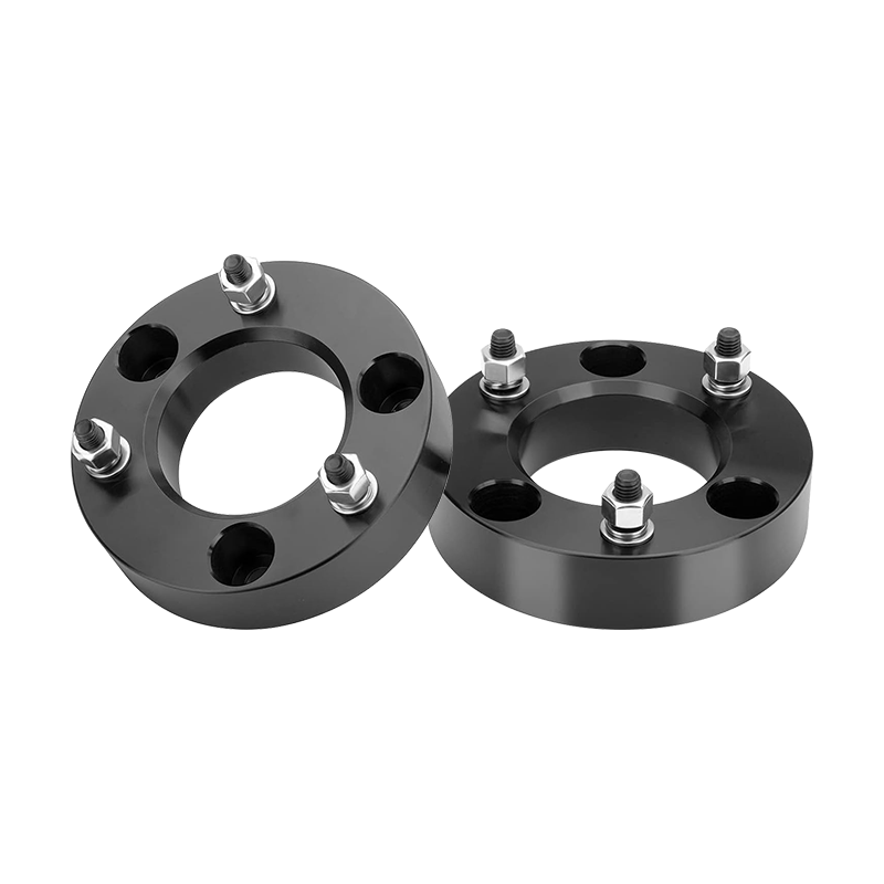 Vypart 2 Inch Front Leveling Lift Kit Suspension Spacers for FORD F150, a pair of black CNC machined aluminum lift spacers equipped with mounting bolts, isolated product shot on white background