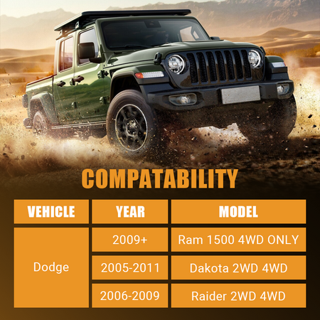 Vehicle compatibility table of Vypart 2 Inch Front Leveling Lift Kit Suspension Spacers, compatible with Dodge Ram 1500, Dakota, Raider 2WD & 4WD designated years