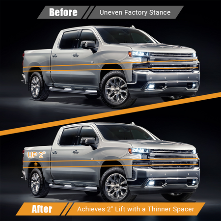 Truck body stance before and after rear suspension upgrade, demonstrates corrected uneven rear height after modification