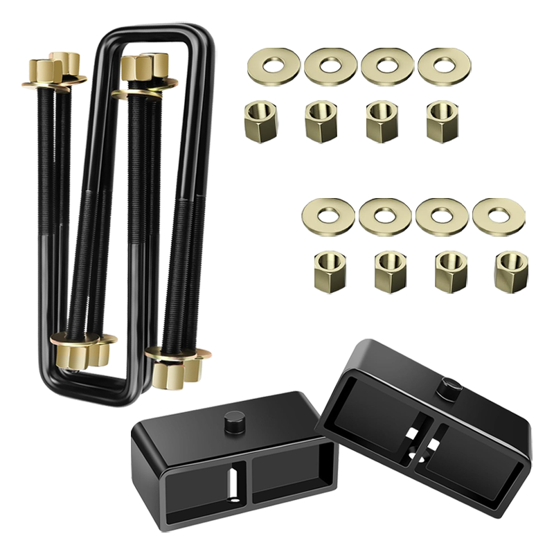 Steel rear lift blocks paired with heavy‑duty u‑bolts, nuts and washers, full suspension hardware set displayed against plain white background