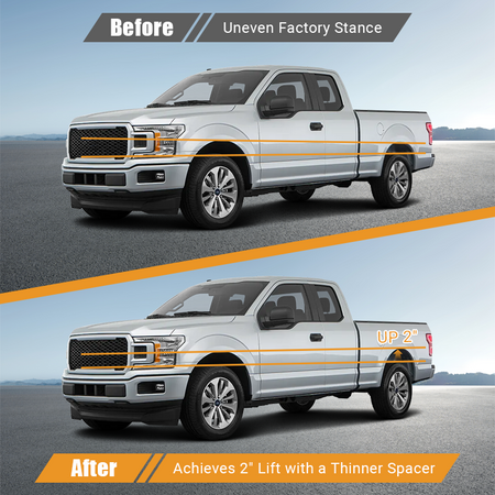 Before and after stance comparison for FORD F150 fitted with Vypart 2 Inch rear Leveling Lift Kit Suspension Spacers, fixes factory uneven vehicle height and levels front and rear stance