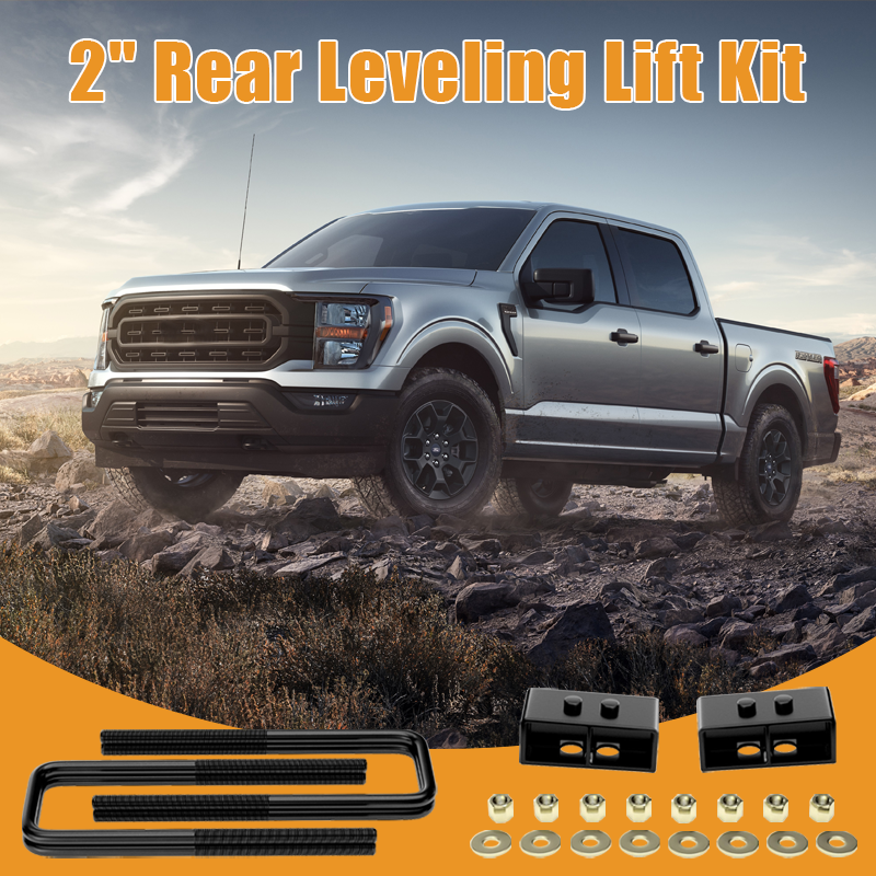 Vypart 2 Inch rear Leveling Lift Kit Suspension Spacers for FORD F150 promotional banner, off-road truck driving on muddy rugged terrain with upgraded suspension lift spacers