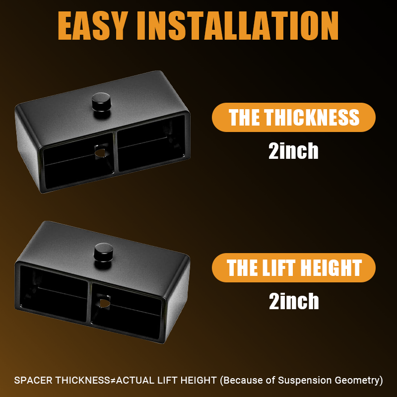 Installation reminder graphic illustrating spacer thickness versus actual rear lift height for truck suspension modification