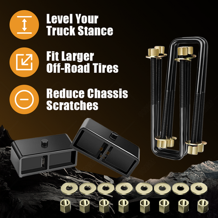 Suspension upgrade benefits: balance truck posture, accommodate larger off-road tires, minimize chassis scraping on rough terrain