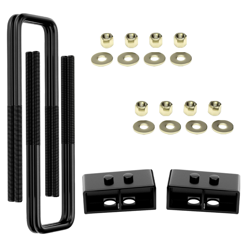 Vypart 2 Inch Rear Leveling Lift Kit Suspension Spacers for FORD F150, a pair of black CNC machined aluminum lift spacers equipped with mounting bolts, isolated product shot on white background