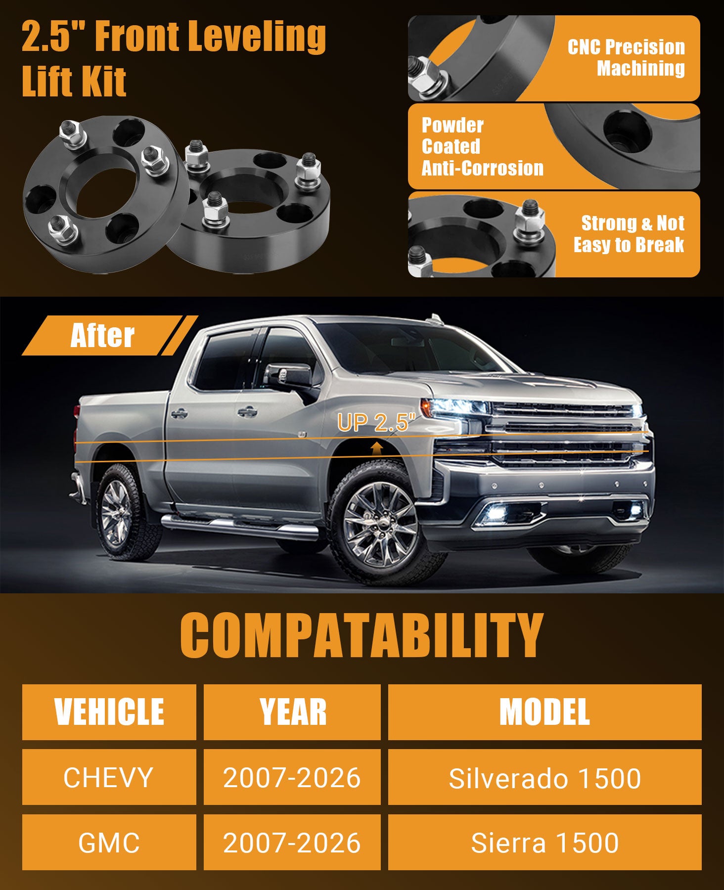 Vypart This 2.5-inch front leveling kit corrects the pickup’s factory front-low stance to level the vehicle body. It boosts ground clearance and creates room for larger off-road tires for enhanced off-road capability and a tougher appearance.