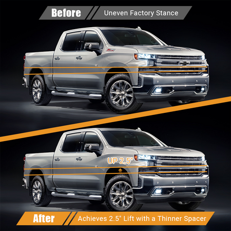 Before and after stance comparison for Silverado 1500 fitted with Vypart 2.5 Inch Block Front Leveling Lift Kit Suspension Spacers, fixes factory uneven vehicle height and levels front and rear stance