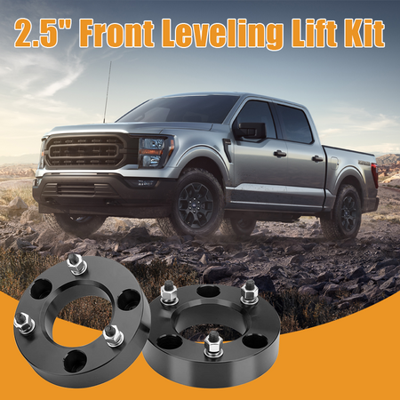 Vypart 2.5 Inch Front Leveling Lift Kit Suspension Spacers for FORD F150 promotional banner, off-road truck driving on muddy rugged terrain with upgraded suspension lift spacers
