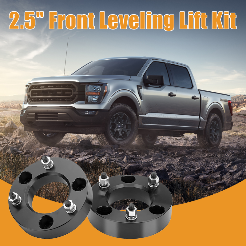 Vypart 2.5 Inch Front Leveling Lift Kit Suspension Spacers for FORD F150 promotional banner, off-road truck driving on muddy rugged terrain with upgraded suspension lift spacers