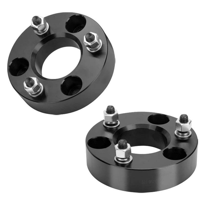 Vypart 2.5 Inch Front Leveling Lift Kit Suspension Spacers, a pair of black CNC machined aluminum lift spacers equipped with mounting bolts, isolated product shot on white background