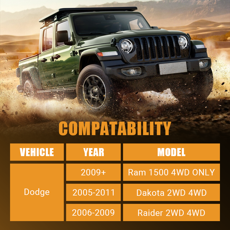 Vehicle compatibility table of Vypart 2.5 Inch Front Leveling Lift Kit Suspension Spacers, compatible with Dodge Ram 1500, Dakota, Raider 2WD & 4WD designated years