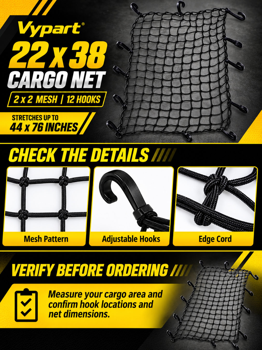 Vypart 22 x 38 inch black cargo net A+ guide showing 2 x 2 inch mesh, 12 hooks and dimension checks