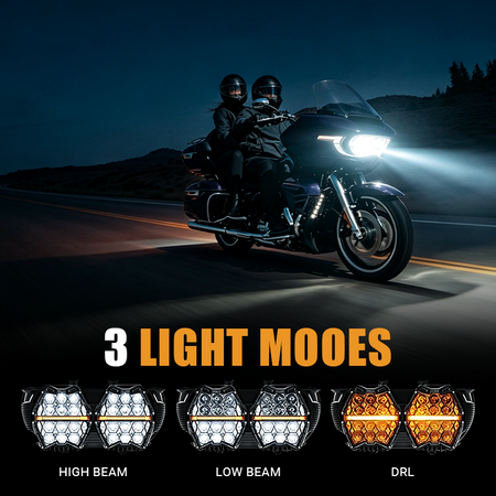 Experience versatile lighting with the Vypart 240W dual LED headlight. Features a distinct amber DRL halo, powerful high beam, and low beam, offering precise illumination and enhanced safety for night riding.
