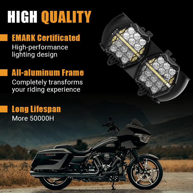 Vypart 240W LED headlight is EMARK certified, ensuring legal and safe riding. Features a full aluminum frame for durability and a long lifespan of over 50,000 hours for lasting reliability.