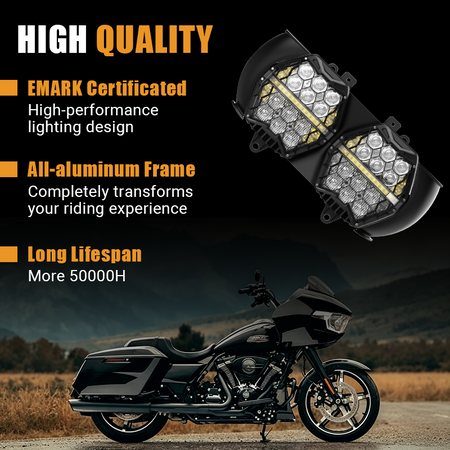 Vypart 240W LED headlight is EMARK certified, ensuring legal and safe riding. Features a full aluminum frame for durability and a long lifespan of over 50,000 hours for lasting reliability.