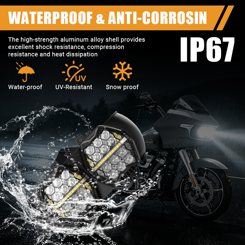 Built with a high-strength aluminum alloy shell, the Vypart 240W motorcycle headlight provides excellent shock resistance, compression resistance, and heat dissipation. IP67 rated to withstand heavy rain, UV, and snow.