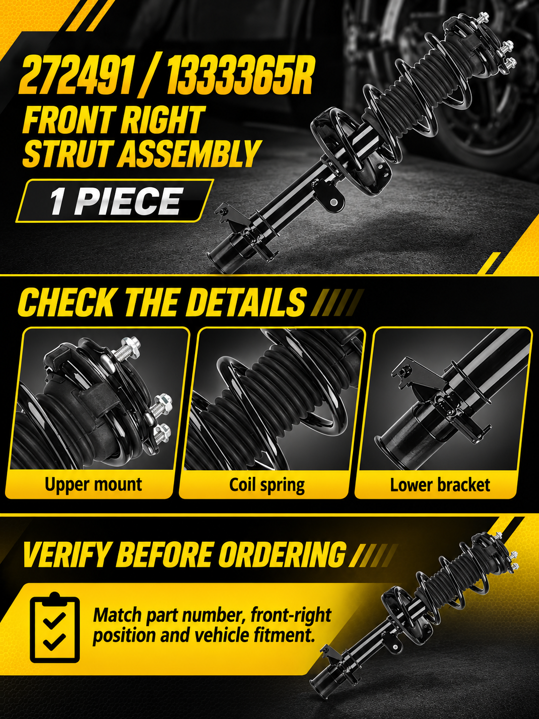 Vypart 272491 / 1333365R front-right strut assembly A+ guide showing upper mount, coil spring, lower bracket and fitment check