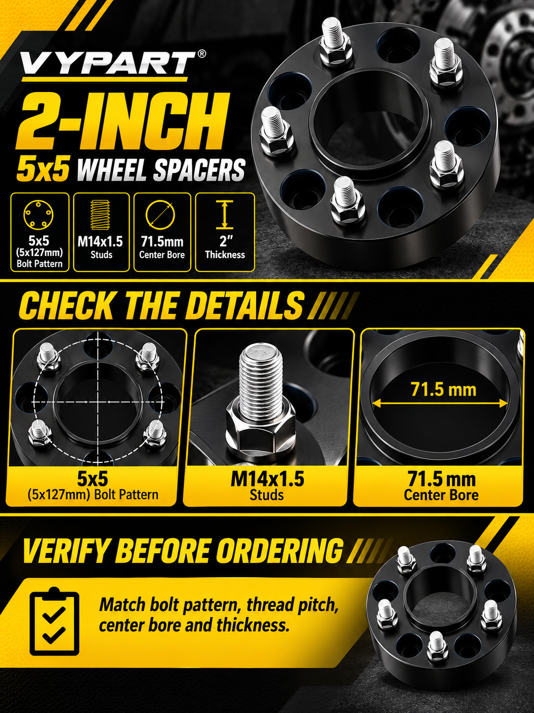 Vypart 2-inch 5x5 wheel spacer A+ guide showing M14x1.5 studs, 71.5 mm center bore and bolt pattern
