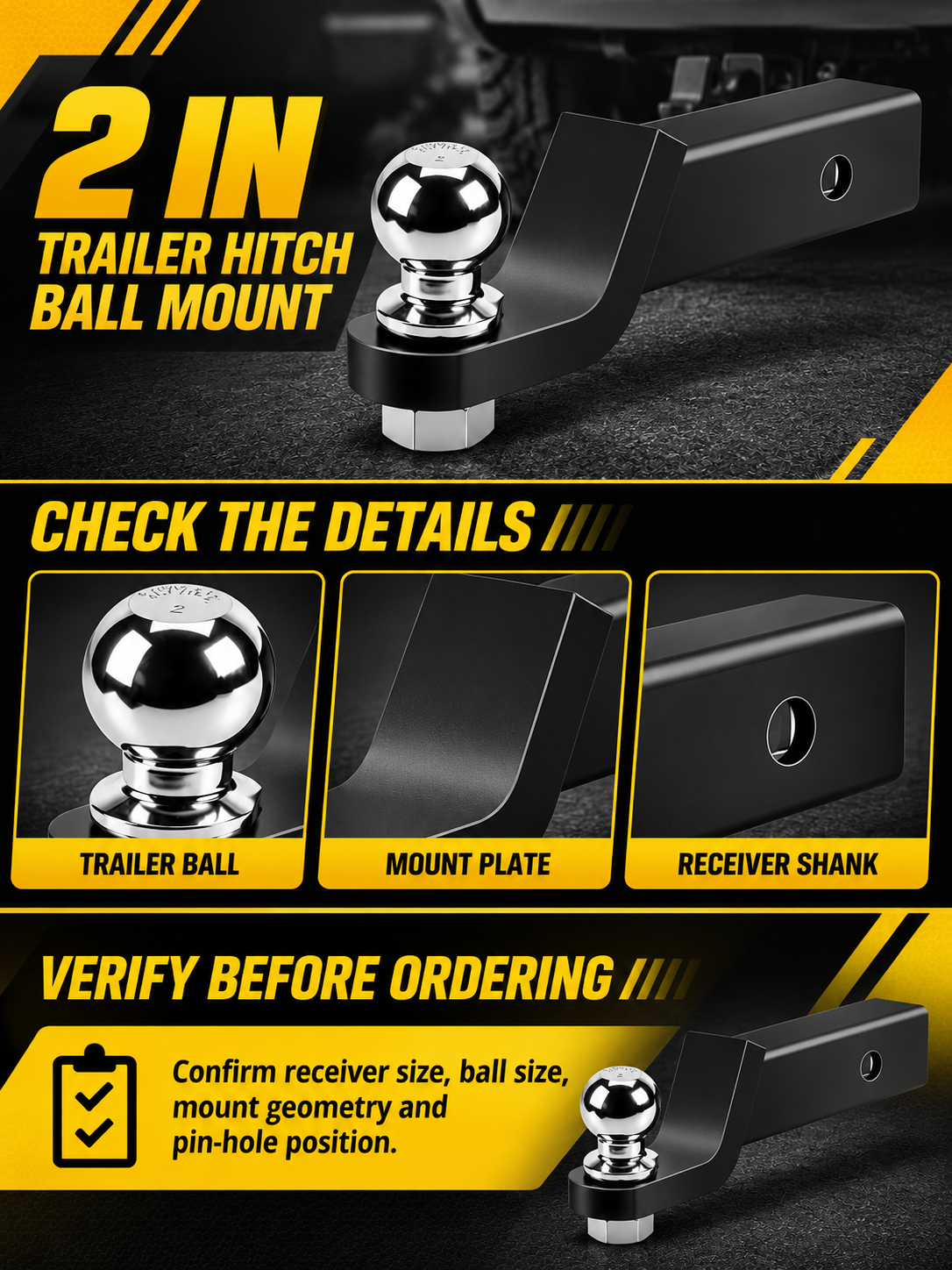 Vypart 2 inch trailer hitch ball mount A+ guide showing trailer ball, mount plate and receiver shank