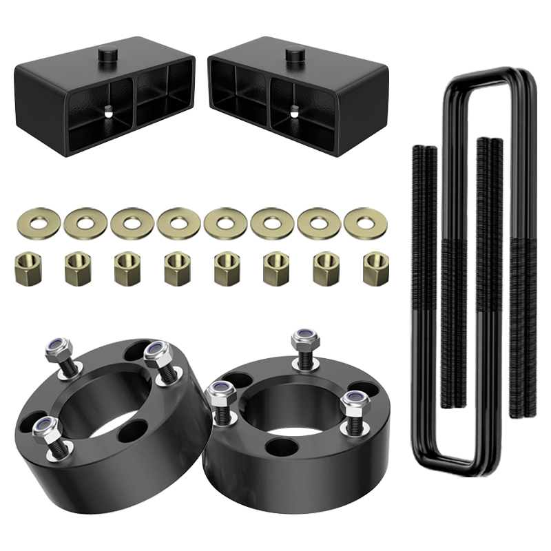 Steel lift kit paired with heavy‑duty u‑bolts, nuts and washers, full suspension hardware set displayed against plain white background