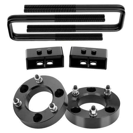 Vypart 3-inch front and 2-inch rear leveling kit Suspension Spacers, a pair of black CNC machined aluminum lift spacers equipped with mounting bolts, isolated product shot on white background