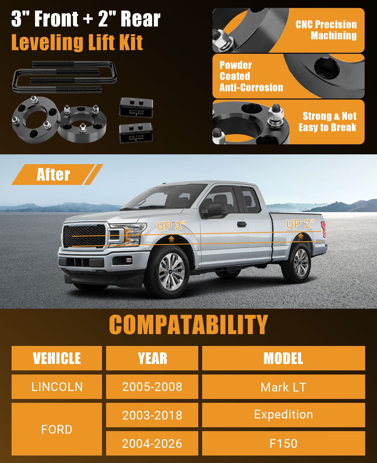 This 3-inch front and 2-inch rear leveling kit corrects the pickup’s factory front-low stance to level the vehicle body. It boosts ground clearance and creates room for larger off-road tires for enhanced off-road capability and a tougher appearance.