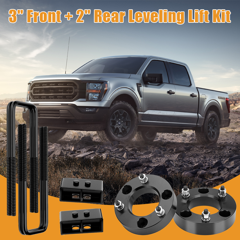 Vypart 3-inch front and 2-inch rear leveling kitSuspension Spacers promotional banner, off-road SUV driving on muddy rugged terrain with Vypart suspension lift spacers