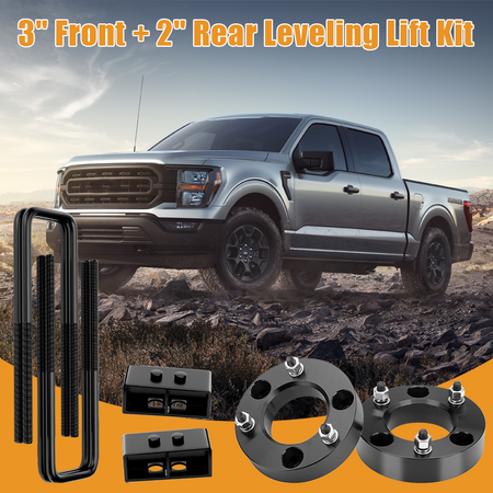Vypart 3-inch front and 2-inch rear leveling kitSuspension Spacers promotional banner, off-road SUV driving on muddy rugged terrain with Vypart suspension lift spacers