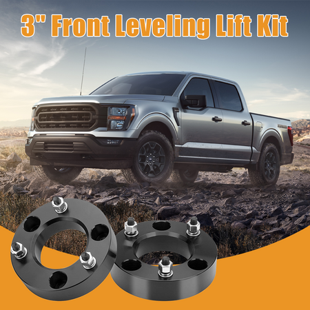 Vypart 3 Inch Front Leveling Lift Kit Suspension Spacers for FORD F150 promotional banner, off-road truck driving on muddy rugged terrain with upgraded suspension lift spacers