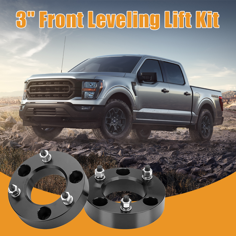 Vypart 3 Inch Front Leveling Lift Kit Suspension Spacers for FORD F150 promotional banner, off-road truck driving on muddy rugged terrain with upgraded suspension lift spacers
