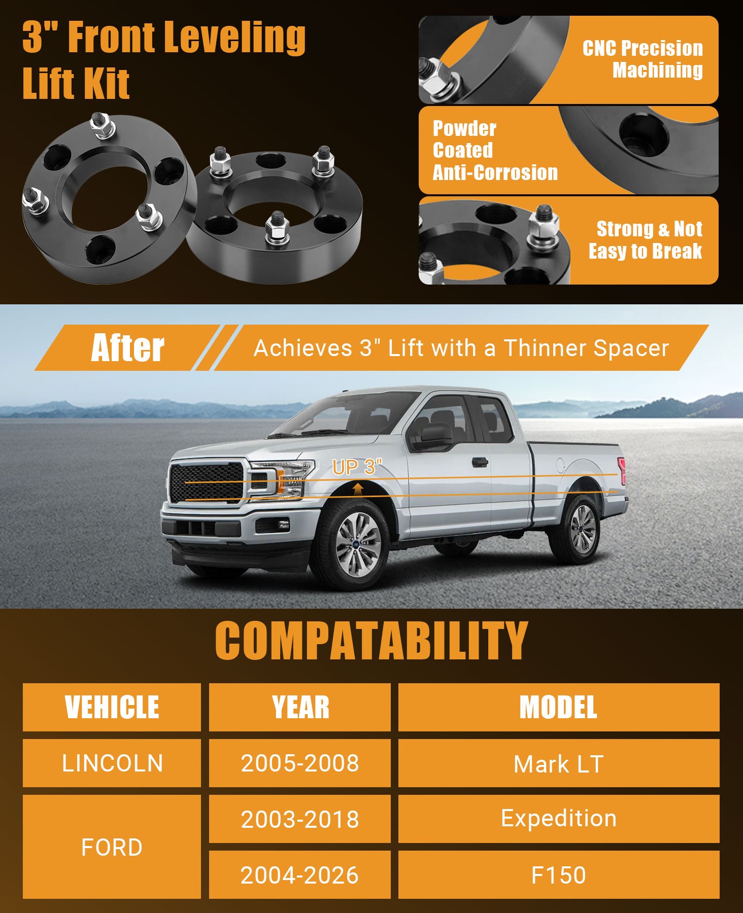 This 3-inch front leveling kit corrects the pickup’s factory front-low stance to level the vehicle body. It boosts ground clearance and creates room for larger off-road tires for enhanced off-road capability and a tougher appearance.