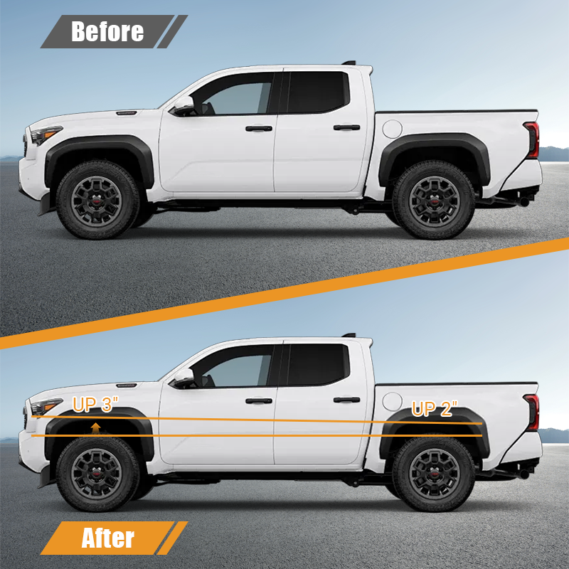 Before and after stance comparison chart for pickup truck fitted with Vypart 3 Inch Front and 2 inch rear Leveling Lift Kit Suspension Spacers, fix factory uneven vehicle height, raise front end by 3 inches and  rear end by 2 inches