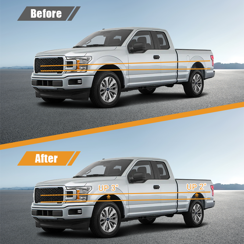 Before and after stance comparison chart for pickup truck fitted with Vypart 3-inch front and 2-inch rear leveling kit Suspension Spacers, fix factory uneven vehicle height, raise front end by 3 inches and rear end by 2 inches