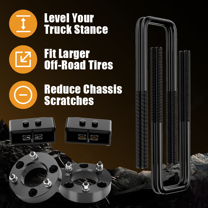 Functional benefits of Vypart 3 Inch Front and 2 inch rear Leveling Lift Kit Suspension Spacers for FORD F150, levels truck stance, increases ground clearance, fits larger off-road tires and avoids chassis scraping