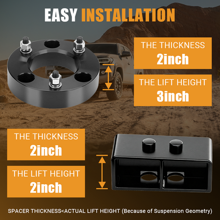 Easy installation schematic of Vypart 3 Inch Front and 2 inch rear Leveling Lift Kit Suspension Spacers for FORD F150, shows suspension geometry and accurate 3-inch front and 2-inch rear lifting effect