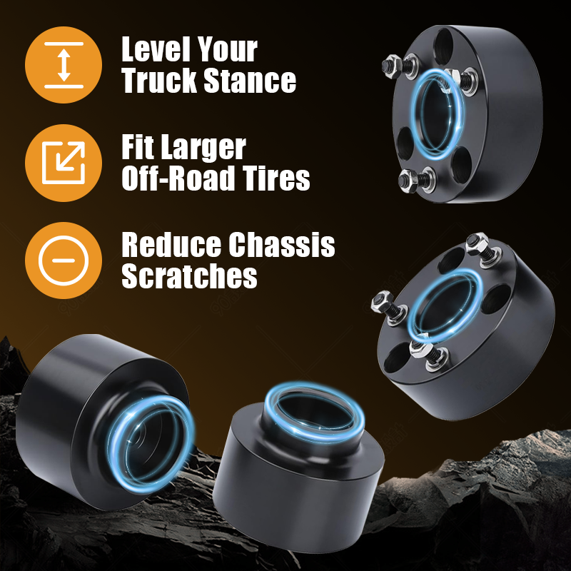 Practical benefits of Vypart 3 Inch Front and 2 inch rear Leveling Lift Kit Suspension Spacers: level truck body stance, install larger off-road tires, reduce chassis scraping damage