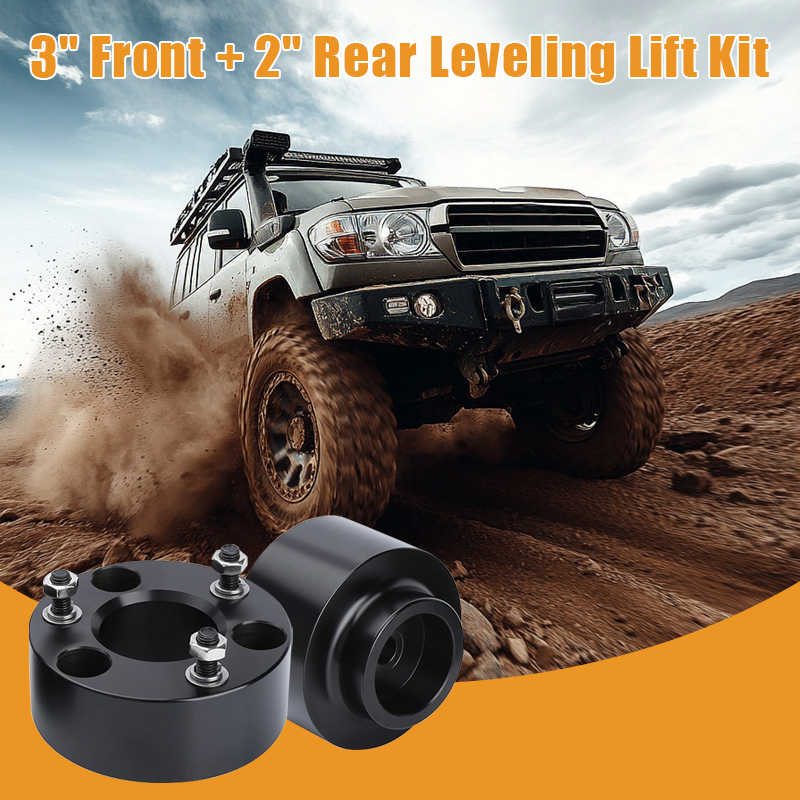 Vypart 3 Inch Front and 2 inch rear Leveling Lift Kit Suspension Spacers promotional banner, off-road SUV driving on muddy rugged terrain with Vypart suspension lift spacers