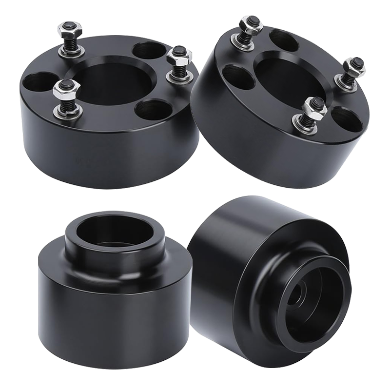 Vypart 3 Inch Front and 2 inch rear Leveling Lift Kit Suspension Spacers, a pair of black CNC machined aluminum lift spacers equipped with mounting bolts, isolated product shot on white background