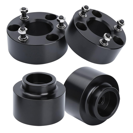 Vypart 3 Inch Front and 2 inch rear Leveling Lift Kit Suspension Spacers, a pair of black CNC machined aluminum lift spacers equipped with mounting bolts, isolated product shot on white background