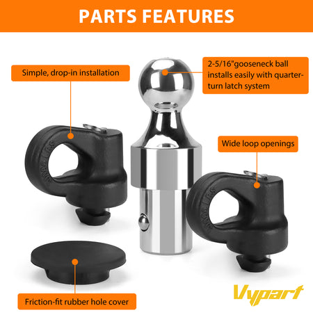 Technical diagram or infographic illustrating the 30,000 lbs towing capacity and weight distribution of the Vypart gooseneck hitch system
