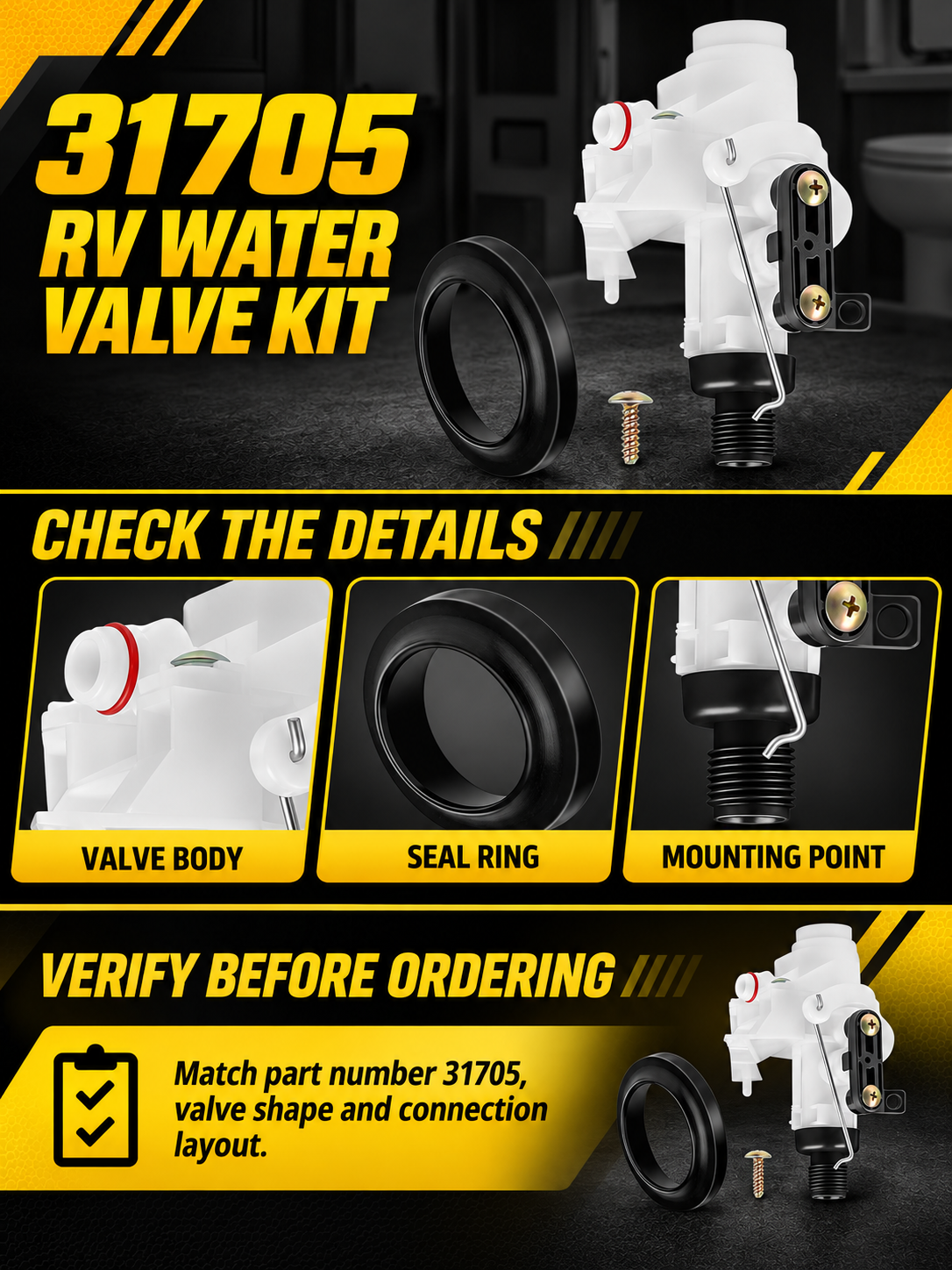 Vypart 31705 RV water valve kit A+ guide showing valve body, seal ring and mounting point