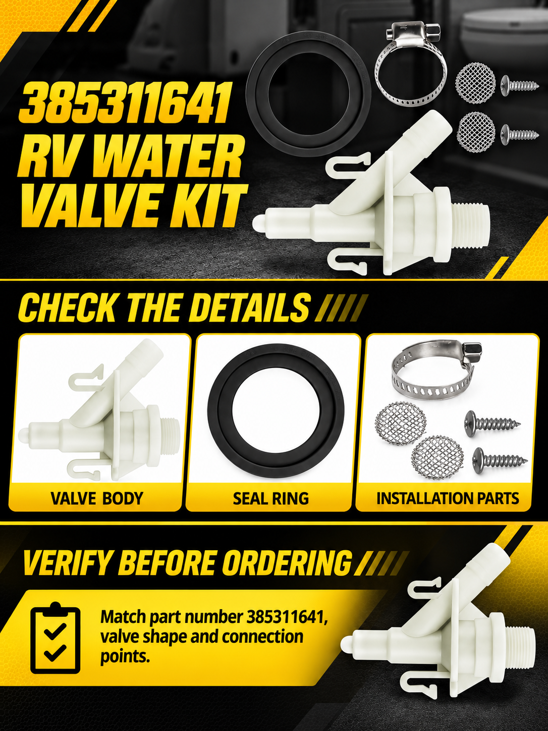 Vypart 385311641 RV water valve kit A+ guide showing valve body, seal ring, clamp and hardware